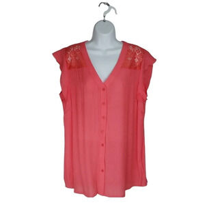 Claire France Ruffle Capped Sleeve Tunic Top Blouse Salmon Pink  Button Down 16
